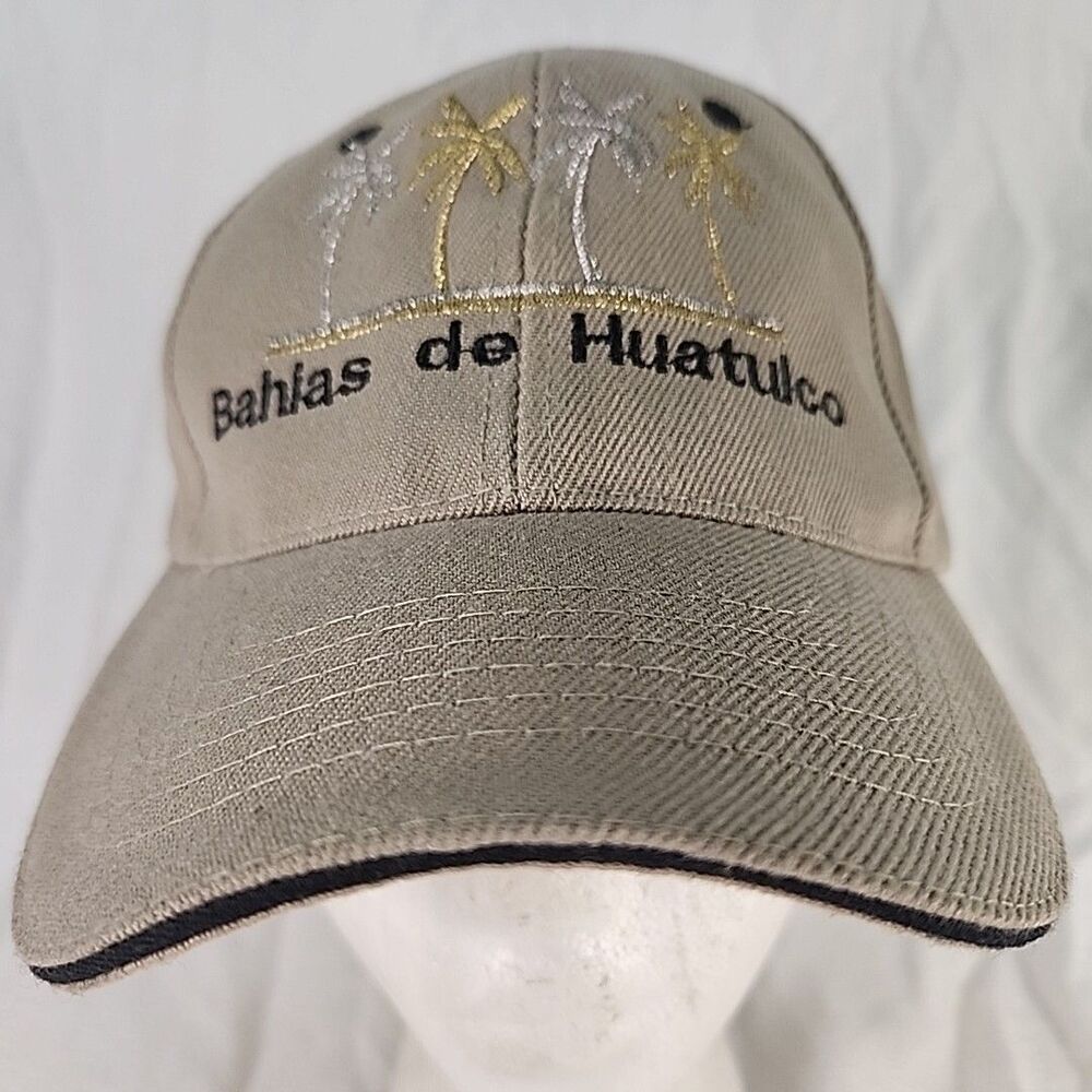 Cap Bahia De Huatulco Tan Baseball Hat Embroidered Gold/Silver Palm Trees Adj